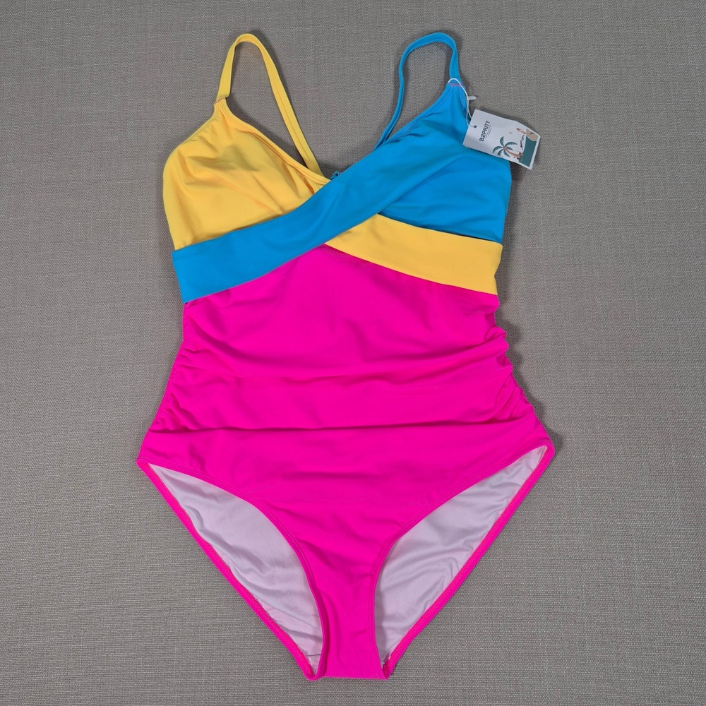 B2PRITY Women Colorblock One Piece Swimsuit Pink Yellow Blue Ruched Size L NWT